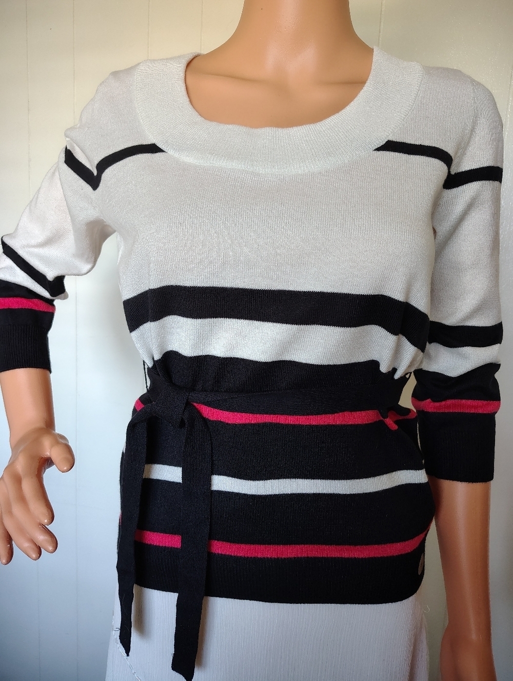 New York Company Striped Black White and Pink Knit Sweater with Waist Tie Size S